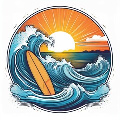 vector illustration of a t shirt design aimed at surfers featuring waves a surfboard the sun and the sea against a white background