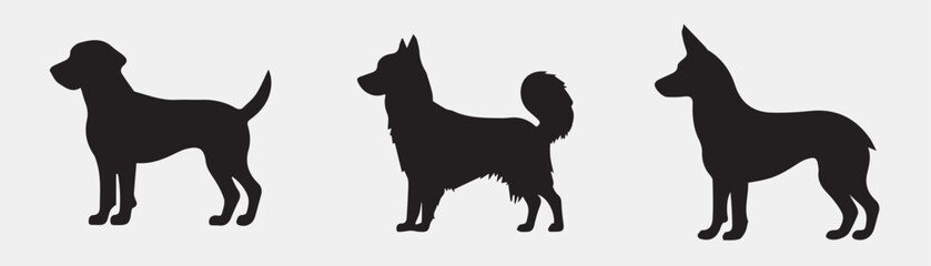 Three black sillhouettes of dogs on white background, set of vector dog sillhouette