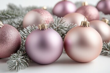 Elegant Rose Gold and Pink Christmas Ornaments on Frosted Evergreen Branches