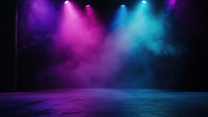 The dark stage shows, empty dark blue, purple, cyan, pink background, neon light, spotlights, The asphalt floor and studio room with smoke float. Lights background. HIgh Quality Image