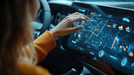 Futuristic Car Navigation: Woman Interacting with Advanced Touchscreen Interface for Smart Driving