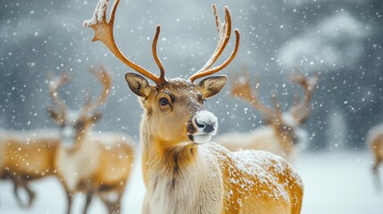 A close-up of a deer with antlers in a snowy landscape, surrounded by falling snowflakes.