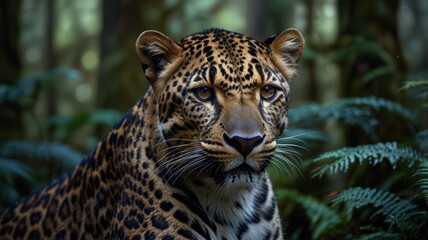 Naklejka premium A close-up portrait of a leopard in a lush, green forest. The leopard's golden eyes stare intently at the camera, and its spotted coat is visible.
