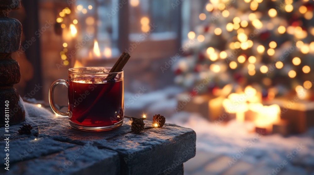 Poster a mug of red wine with a cinnamon stick sticking out of it sits on a rough stone ledge. the backgrou