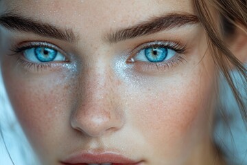 Fototapeta premium Close-up of the face of a beautiful girl with blue eyes.