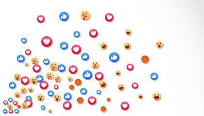Social media reaction emoji icons scattered on a white background. The design represents social media likes, hearts, haha, care, and angry reactions.
