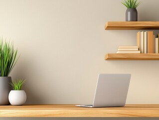 A cozy officelibrary with minimalist wooden shelves, a floating desk, and soft lighting, creating a peaceful, organized space