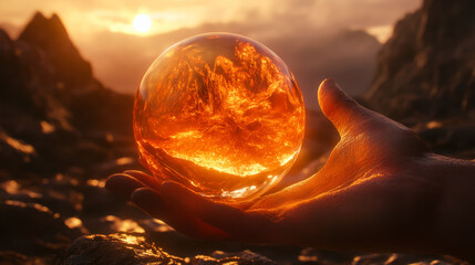 A glowing orange sphere held up against a vibrant sunset over rocky terrain in a fantastical landscape
