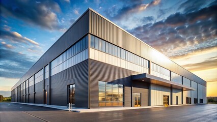 Fototapeta premium Modern Facade of Factory Warehouses: Candid Photography of Industrial Architecture for Background Textures