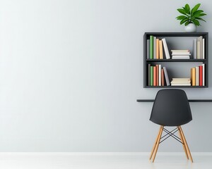 Fototapeta premium A minimalist officelibrary with monochromatic shelves, a single chair, and clean lines for a polished, clutterfree aesthetic