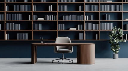 A modern minimalist libraryoffice featuring dark wood shelving, a slim desk, and neutral decor, creating a refined workspace