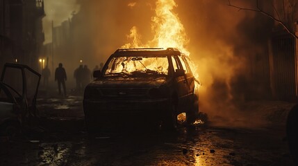 Obraz premium Intense urban inferno at night - burning car in mysterious backdrop for film and drama design