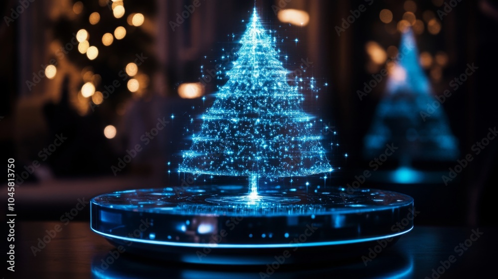 Aufkleber A blue, digital Christmas tree is shown hovering above a circular glass base. The tree is made of lights and appears to be a digital projection.