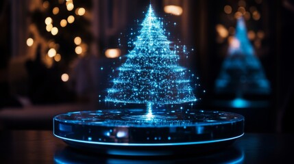 A blue, digital Christmas tree is shown hovering above a circular glass base. The tree is made of...