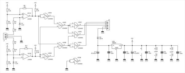 Schematic diagram of digital electronic device 
on paper sheet. Vector drawing electrical circuit with 
integrated circuit, operational amplifier, logic gate,
capacitor, resistor, connector, other.
