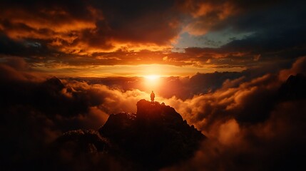 Naklejka premium A lone figure stands on a mountain peak, silhouetted against a fiery sunset with clouds below.