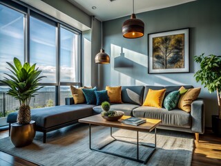 Fototapeta premium Modern Living Room Design with Stylish Sofa and Contemporary Decor for Urban Exploration Photography