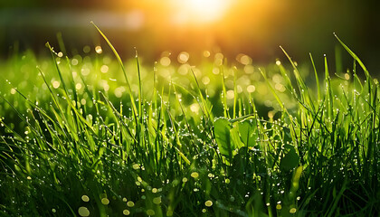 dewy grass leaves adorned tiny water droplets glisten morning light