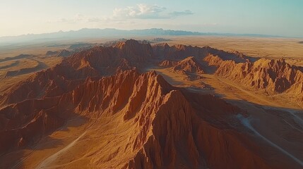 Naklejka premium Aerial view of a vast, red-rock desert landscape, with mountains and valleys stretching out into the distance. The setting sun casts a warm glow over the scene.