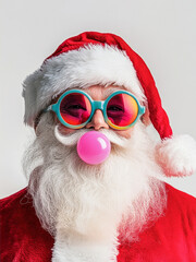 Santa Claus is sporting colorful sunglasses and blowing a bubble with bubble gum.  This whimsical image is perfect for holiday cards, social media posts, and more.