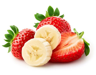 Strawberries and banana pieces isolated on white background, cut out 
