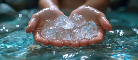Fototapeta premium Hands Holding Ice Cubes in Water