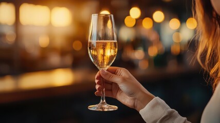 Fototapeta premium Single woman toasting with a champagne flute in an elegant bar, moody evening setting