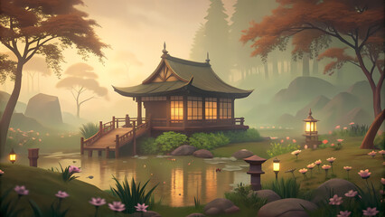 Serene Japanese tea house by tranquil pond at sunset