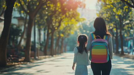 Obraz premium A cute Asian girl with a backpack, happily walking beside her mother
