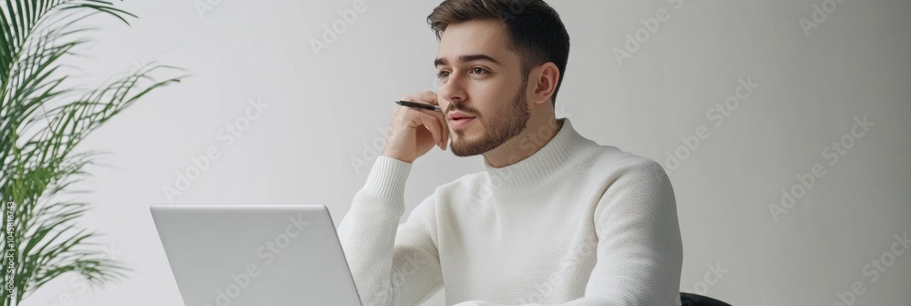 Poster the young freelancer is deeply engaged while working on his laptop, surrounded by a clean and minima