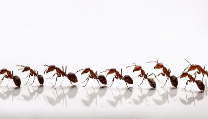 Fototapeta premium Line of cute ants marching on white background in search of food