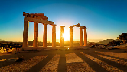 Fototapeta premium warm sunlight filters ancient greek columns sunset vast blue sky backdrop