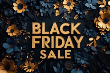 Black Friday Sale Banner with Paper Quilling Text and Black & Gold Floral Accents