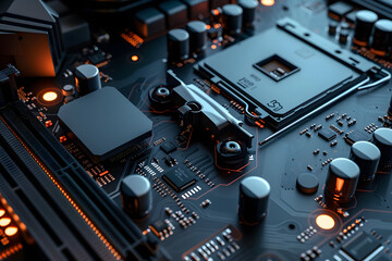 Fototapeta premium hightech computer components on black motherboard convey futuristic innovation