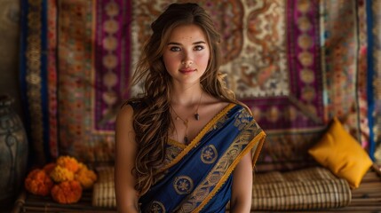 Fototapeta premium Beautiful Woman in Traditional Attire with Wavy Hair