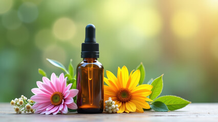 An amber dropper bottle with a black cap surrounded by pink and yellow flowers, set against a natural outdoor backdrop.