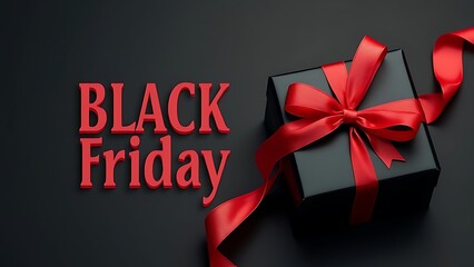 Black Gift Box with Red Ribbon and Black Friday Sale Text on Dark Background, Black Friday concept.