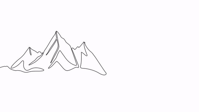 Video. Continuous linear drawing of abstract landscape on a mountain range background, with setting sun. High mountains and sun in a simple linear style. Winter sports concept. Animation on white back