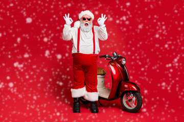 Full length body size view of his he nice bearded cheerful cheery funky cool Santa Claus hipster...