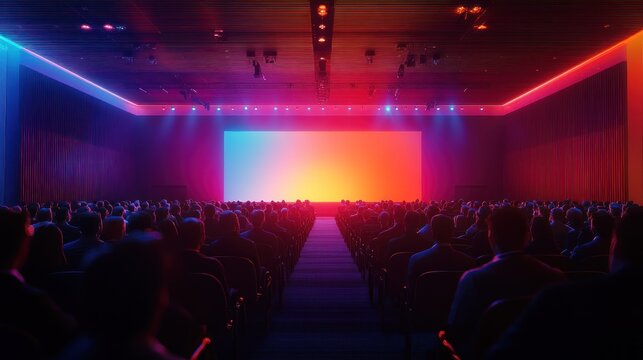 Business professionals attending a large business conference in a modern convention center, with bright lighting, stage presentations, and digital screens.