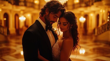 A romantic couple embraces in an elegant setting, exuding love and intimacy.
