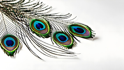 Obraz premium Colorful peacock feathers arranged on a white surface, emphasizing their beauty and detailed textures.