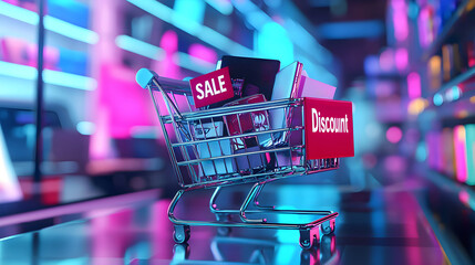 Shopping Cart with Sale and Discount Signs, Retail Store Offers, Shopping Promotion, E-commerce Concept, Consumer Discounts, Bargain Shopping, Holiday Sales