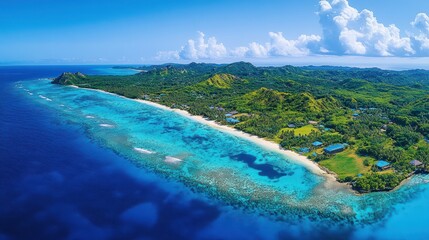 Fototapeta premium An aerial view of a tropical island with a white sandy beach, lush green vegetation, and turquoise water.