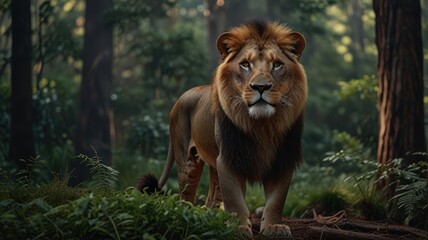 Fototapeta premium A majestic male lion stands in a lush green forest, gazing directly at the camera with a powerful presence.