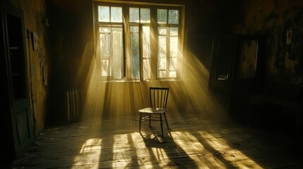 Dimly Lit Room with Single Chair and Sunlight Rays