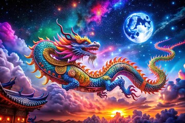 Obraz premium Mythical Dragon in Neon Colors - A Captivating Night Photography Fantasy Scene