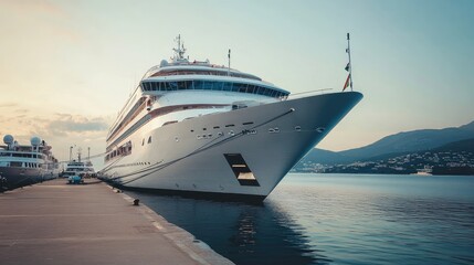 Naklejka premium A luxury cruise ship docked at a private port, showcasing opulent decks and wealth. No people.