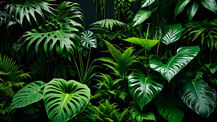Fototapeta premium Lush tropical scene with dark green plants surrounded by vibrant anthurium leaves and rich foliage.