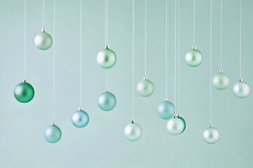 Minimalist hanging elegant pastel Christmas balls on beige pastel color